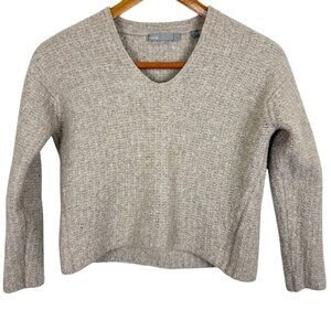 Vince Womens Cropped Cashmere Blend V-Neck Sweater Medium Beige Chunky Textured